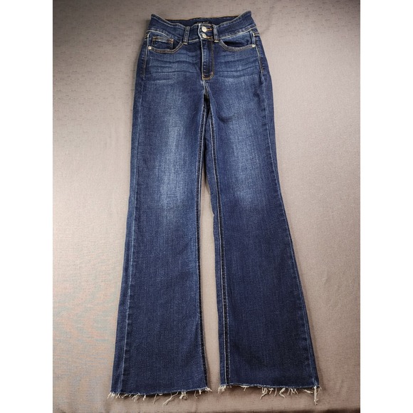 Judy Blue Denim - Judy Blue Distressed High Waisted Bootcut Jeans Dark Wash Raw Hem Size 1/25